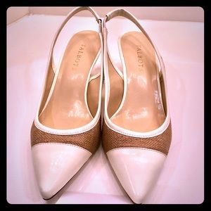 Talbots Ivory and tan sling back kitten heel